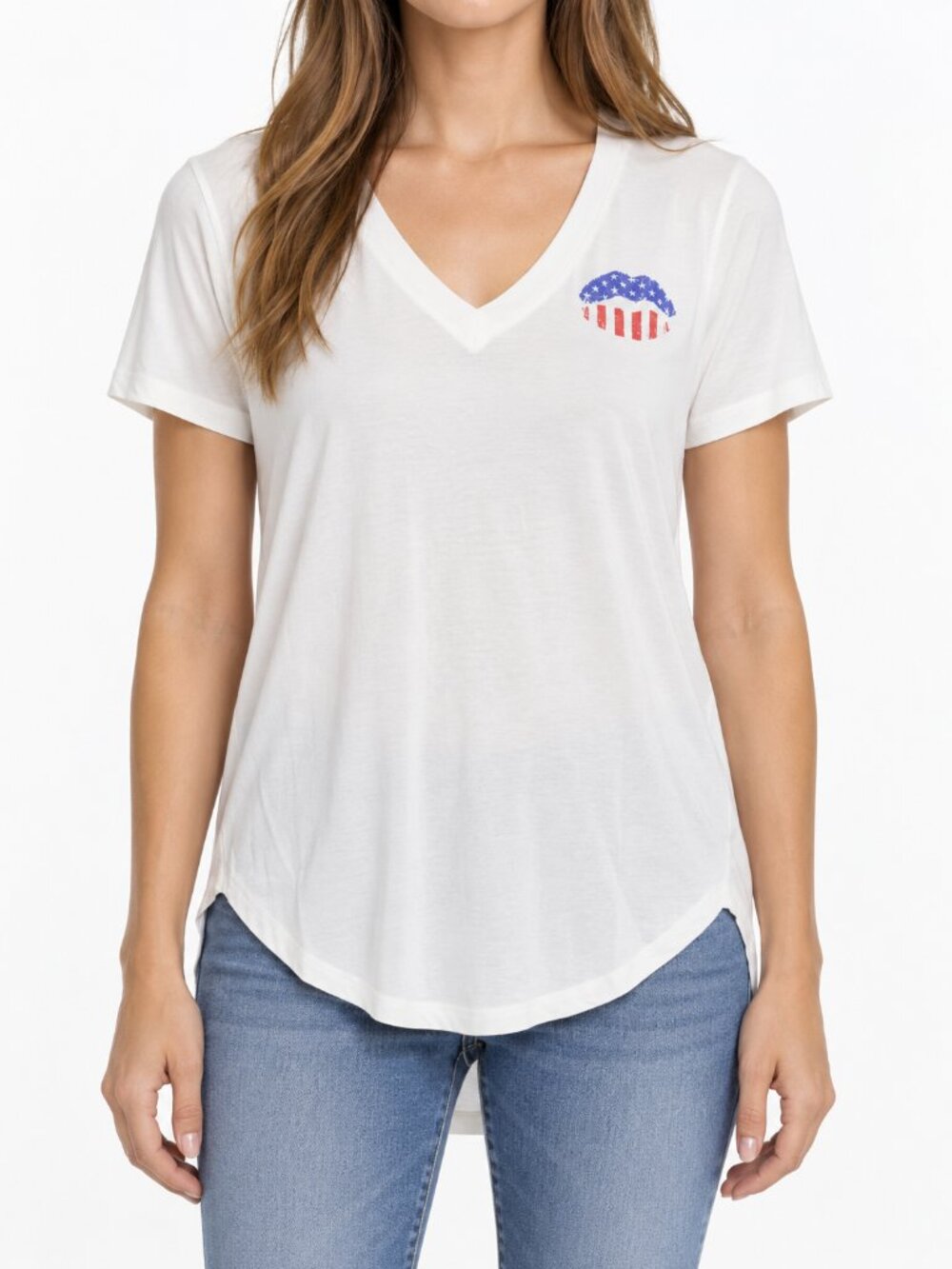 Amaryllis White Patriotic Lips V-Neck Tee Size Small NWOT